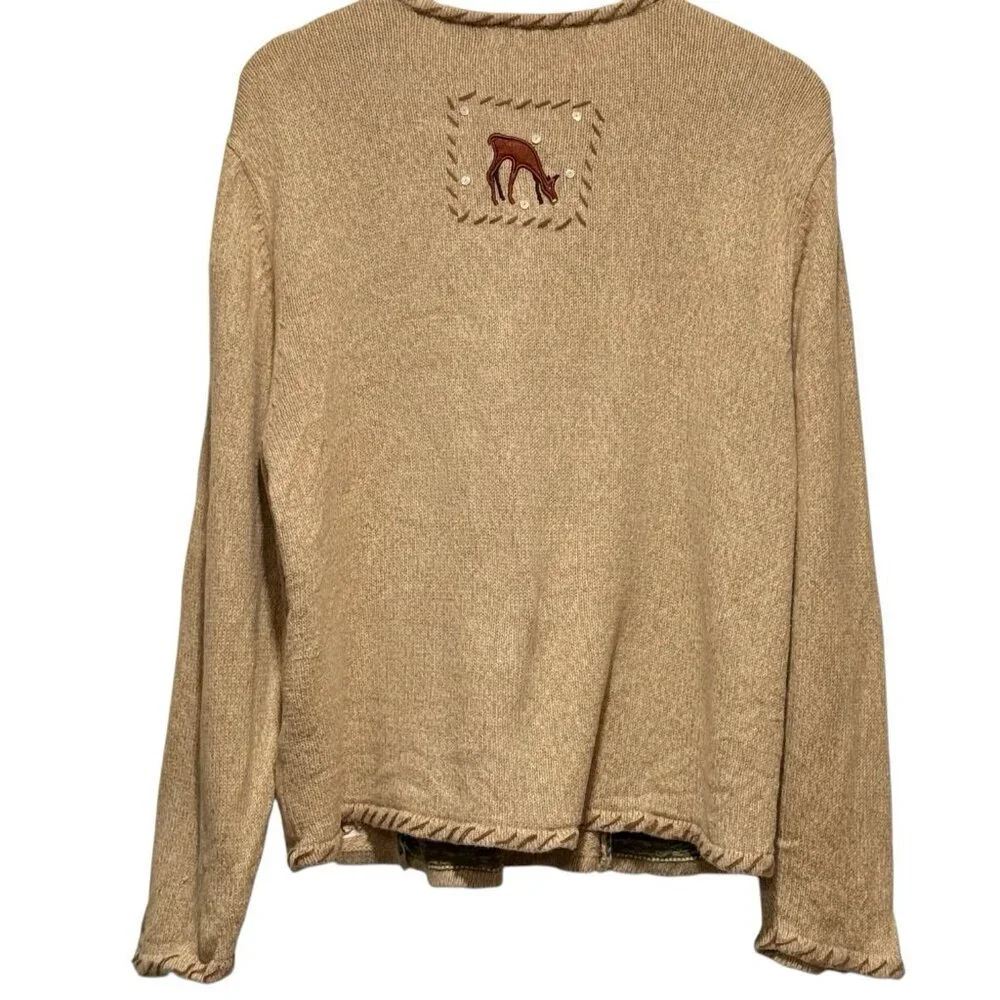 Crystal Kobe Embroidered Christmas Patchwork Tan Cardigan Sweater Womens Large